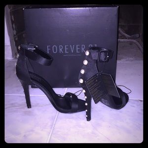 Satin Ankle-Strap Pearl Embellished Heels